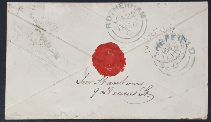 Great Britain Queen Victoria 1850 Cover Postal Stationery Liverpool-Rotherham 22 January 1850 used - Image 2