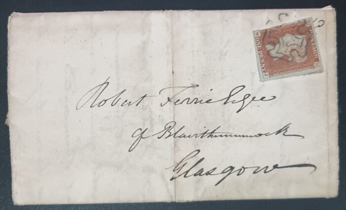 Great Britain Queen Victoria SG8 1d red on cover Plate 20 M-J 20/10/1842 Edinburgh to Glasgow