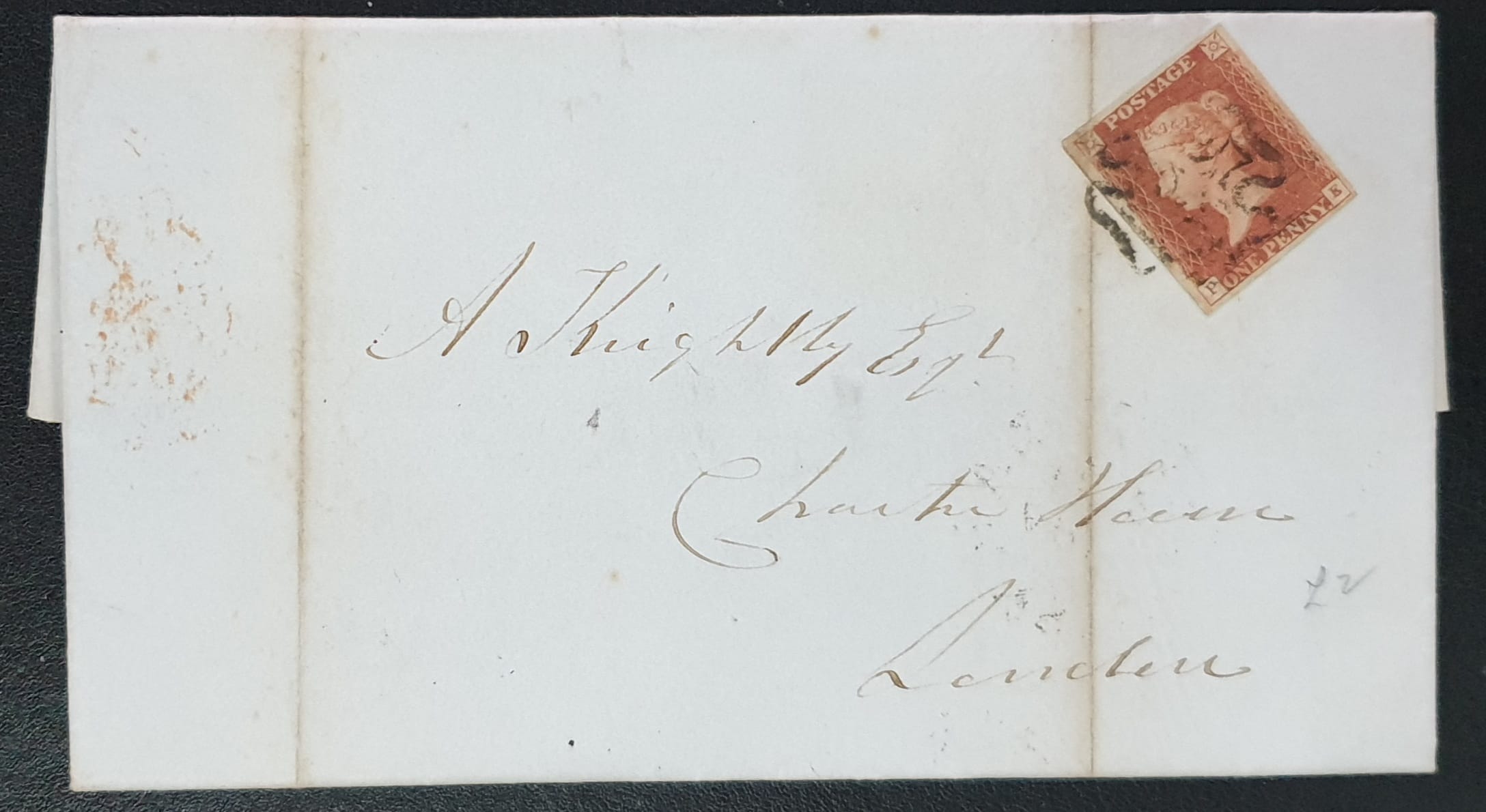 Great Britain Queen Victoria SG8 1d red on cover Plate 20 Letters P-E 11/4/1842 Barnstaple - London