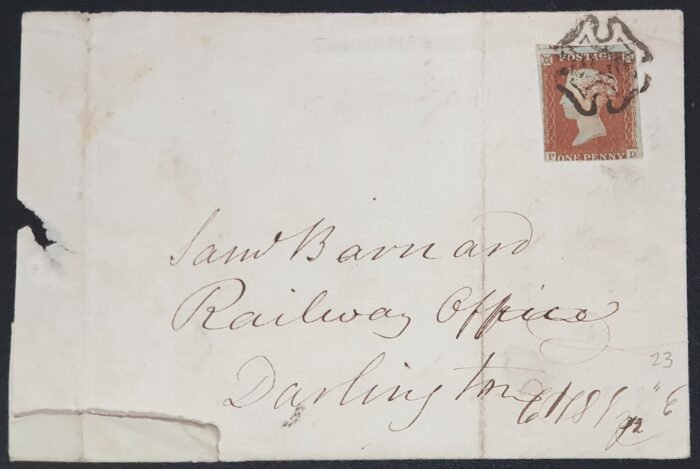 Great Britain Queen Victoria SG8 1d red on piece Plate 23 P-D 23/7/1842 Liverpool - Darlington