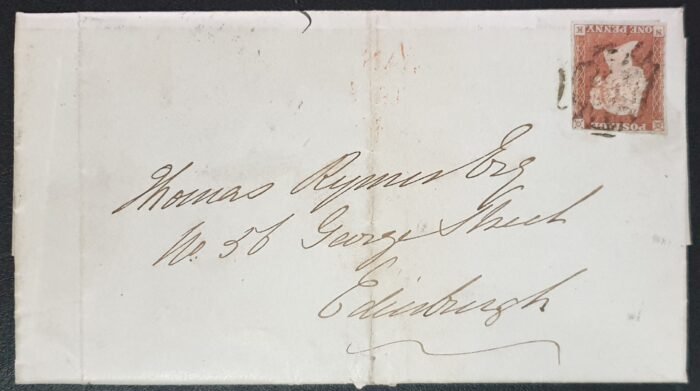 Great Britain Queen Victoria SG8 1d red on cover Plate 23 Letters NK 13/1/1844 Liverpool to Edinburgh