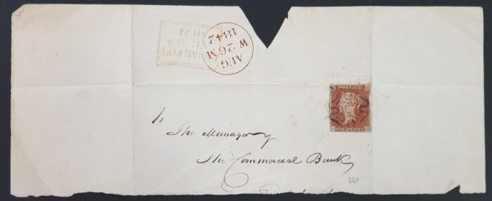 Great Britain Queen Victoria SG8 1d red on piece Pl.26 J-D Cupar Fife 26/8/1842