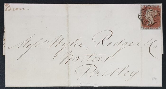 Great Britain Queen Victoria SG8 1d red Plate 26 Letter from Glasgow to Paisley 11/3/1843