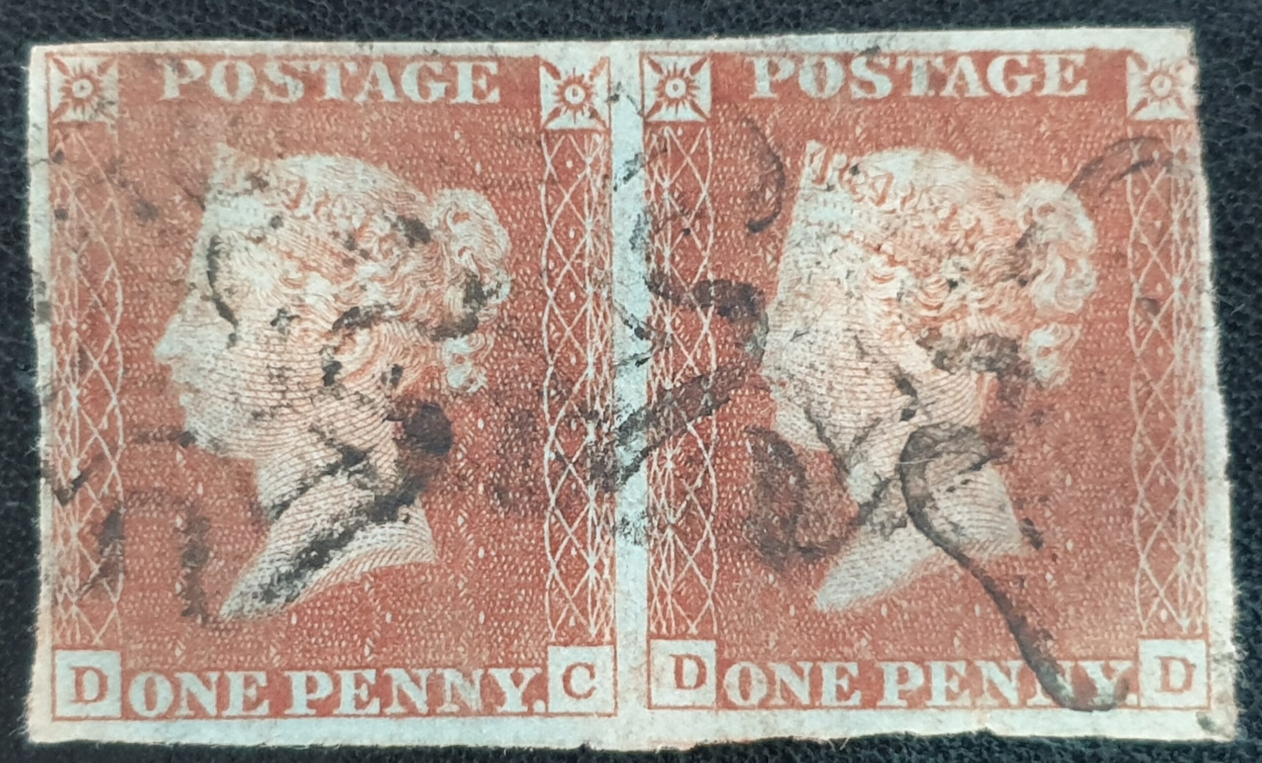 Great Britain Queen Victoria 1842 1d Red SG8 Pair DC-DD Plate 26 MX on blue paper used