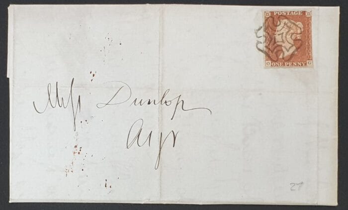 Great Britain Queen Victoria SG8 Plate 27 O-G on Letter Edinburgh - Ayr 15/11/1843