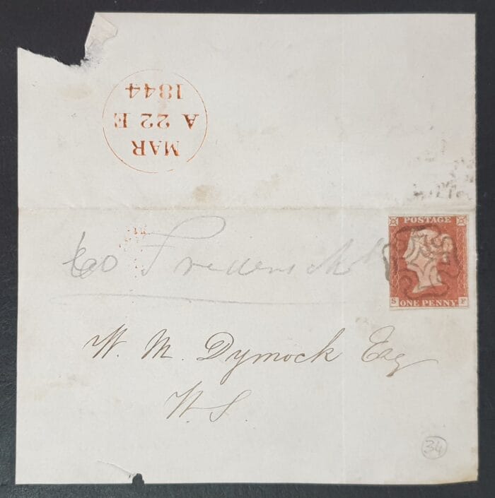 Great Britain Queen Victoria 1844 SG8 1d red on piece Plate 34 S-F Black Maltese Cross 22.3.1844