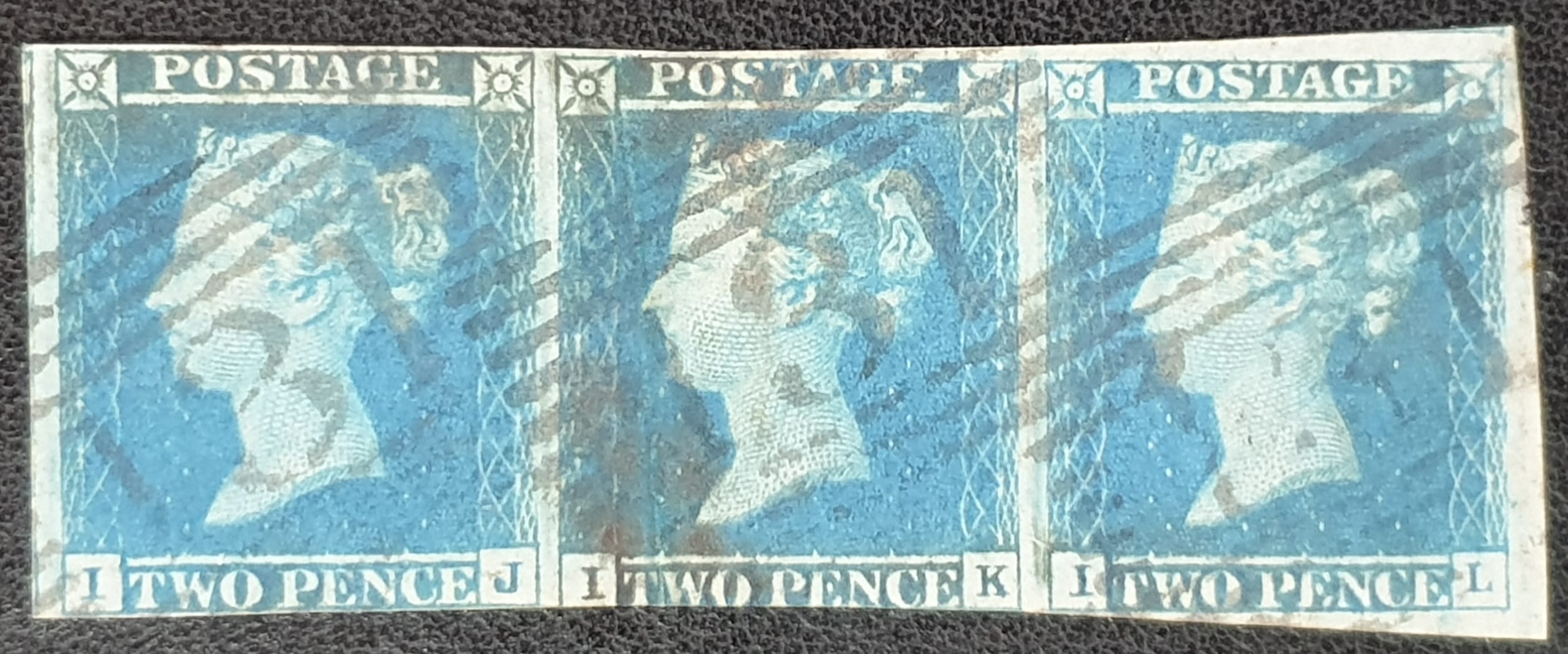 Great Britain Queen Victoria SG14 2d blue Letters IJ-IK-IL Strip of 3 Used Stamps