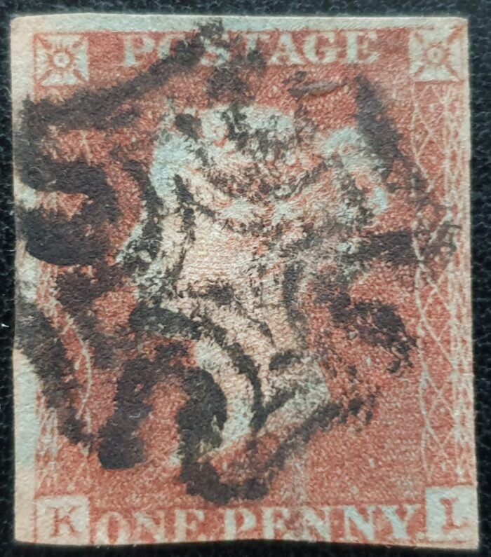 Great Britain Queen Victoria SG8 1d red-brown Letters K-L Black MX used stamp
