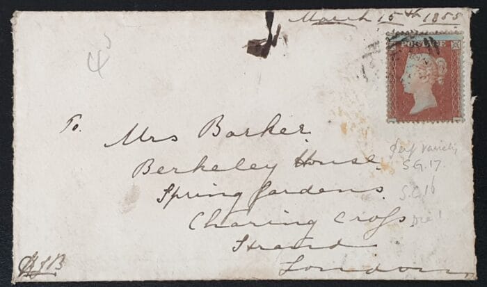 Great Britain Queen Victoria 1855 SG17 1d red on cover 16/3/1855 London