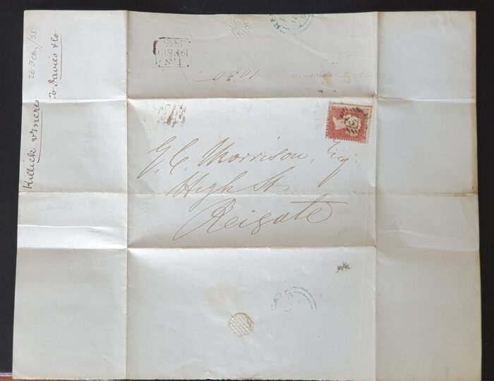 Great Britain Queen Victoria 1855 SG17 1d on Letter 26/2/1855 REIGATE - Image 2