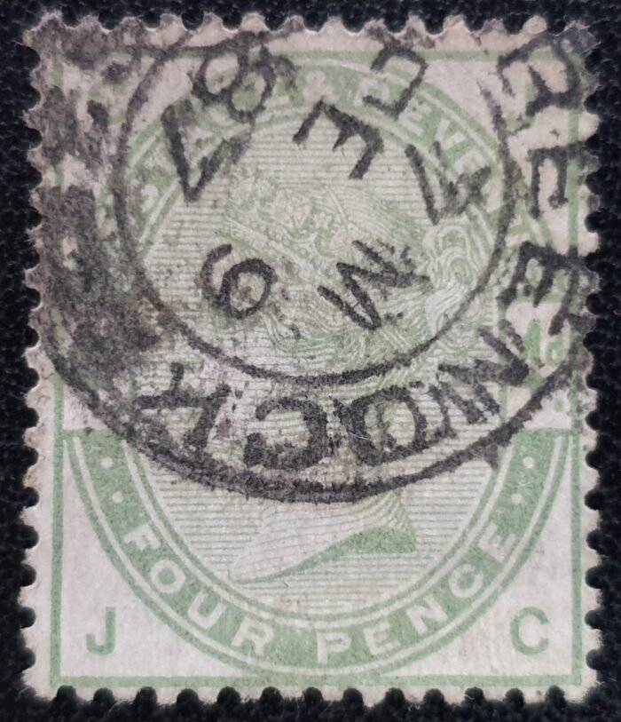 Great Britain Queen Victoria 1884 SG192 4d. green CDS Greenock Scotland Letters J-C used stamp