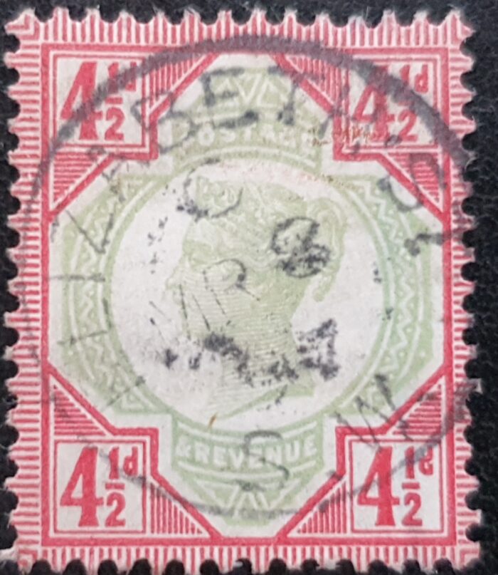 Great Britain Queen Victoria 1887-1900 ‘Jubilee’ Issue SG206 4½d. green and carmine  CDS Elizabeth St. London used single stamp