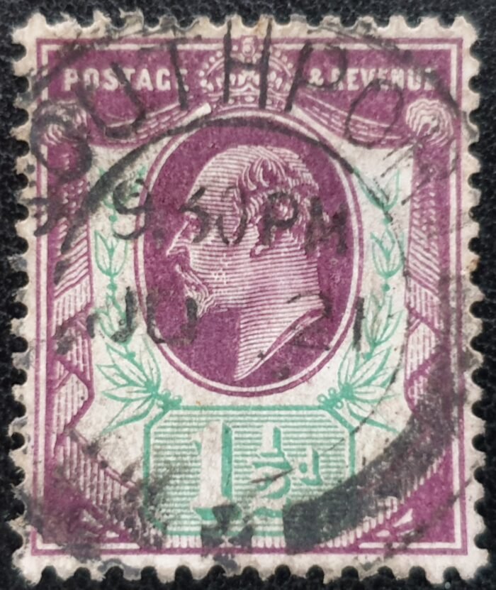 Great Britain King Edward VII 1905 SG223 1½d. pale dull purple and green (De La Rue chalk-surfaced paper) used single stamp