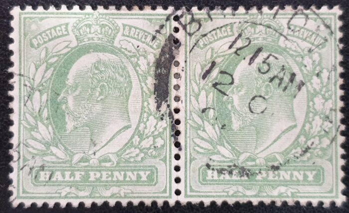 Great Britain King Edward VII 1904 SG217 ½d pale yellowish green CDS Brighton used pair