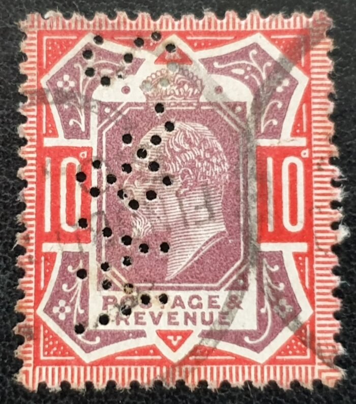 Great Britain King Edward VII SG309 SPEC M44(1) 10d dull reddish purple & scarlet Perfin Used Stamp