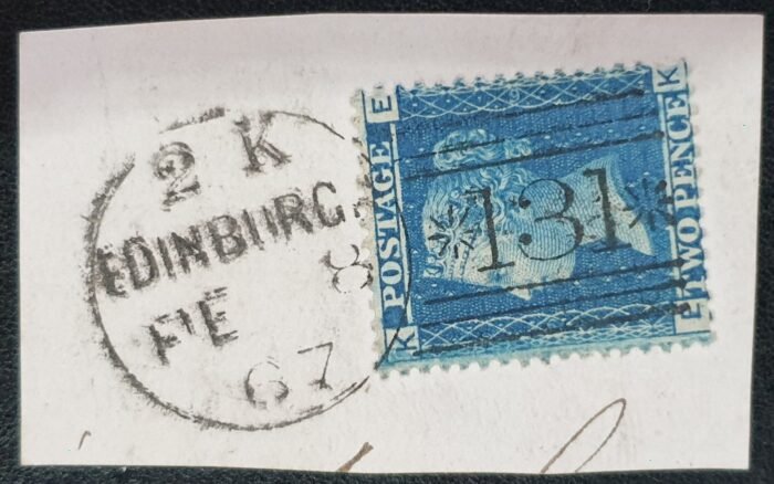 Great Britain Queen Victoria SG45 2d blue Plate 9 EK 8/2/67 Edinburgh used on piece