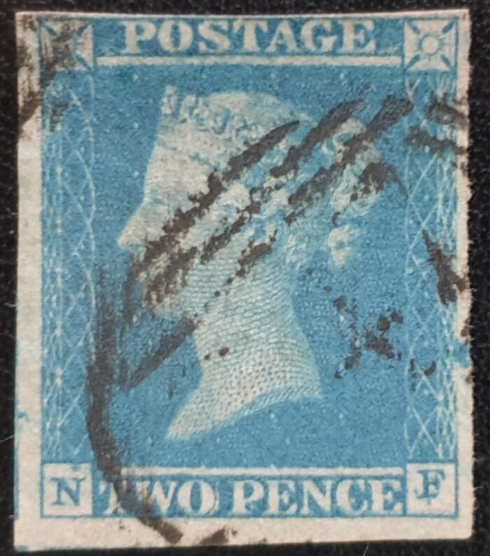 Great Britain Queen Victoria SG14 2d. blue Letters N-F 4 Margins used stamp