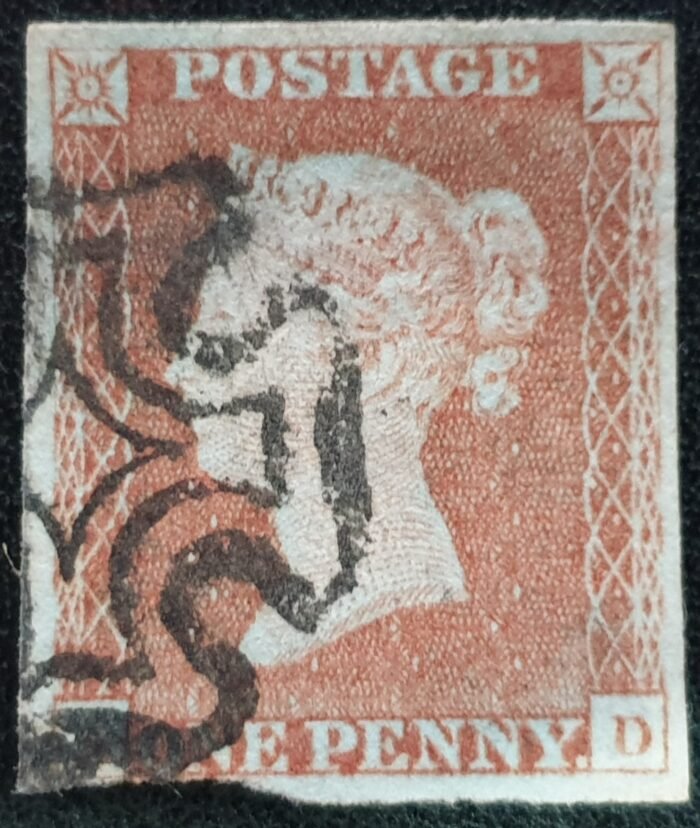 Great Britain Queen Victoria SG8 1d red Black MX used stamp