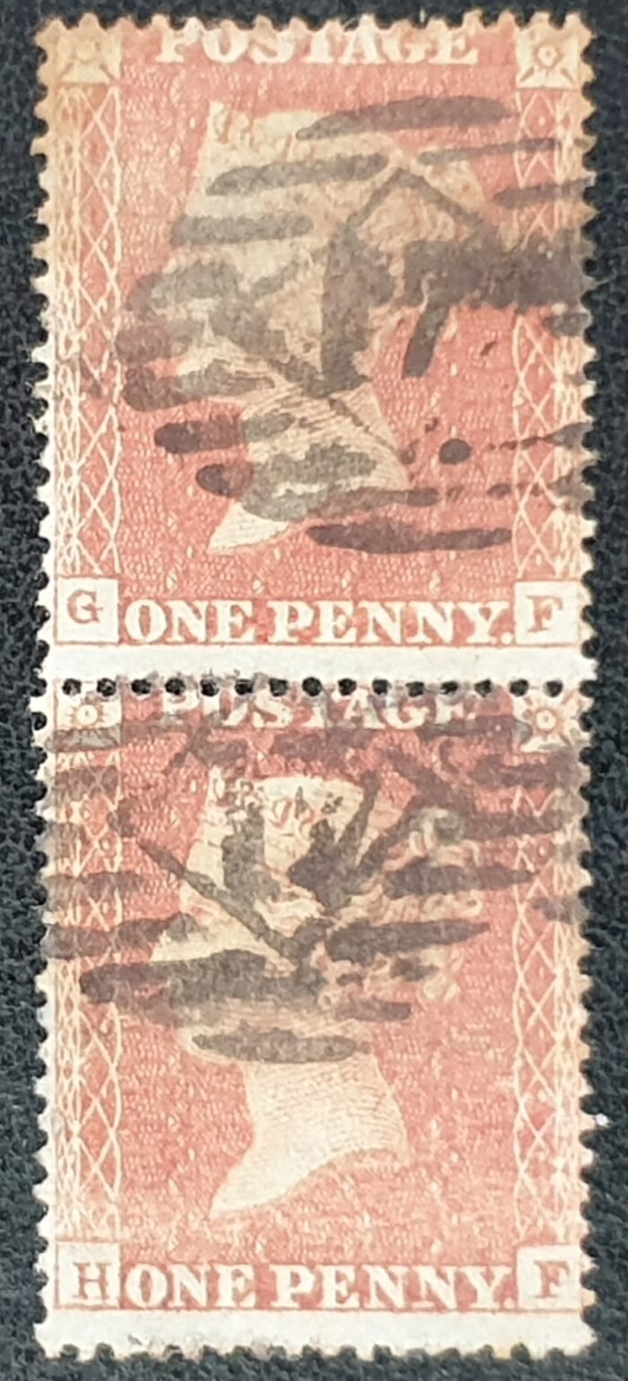 Great Britain Queen Victoria 1855 1d red Plate 5 Die II SG21-C4(1) SC 16 Vertical Pair London cancel GF/HF used
