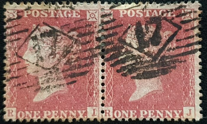 Great Britain Queen Victoria 1855 SG29-C8 (1) 1d red brown Pair RI-RJ used
