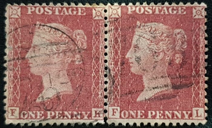 Great Britain Queen Victoria 1855 SG29-C8 (1) 1d red brown Pair FK-FL used