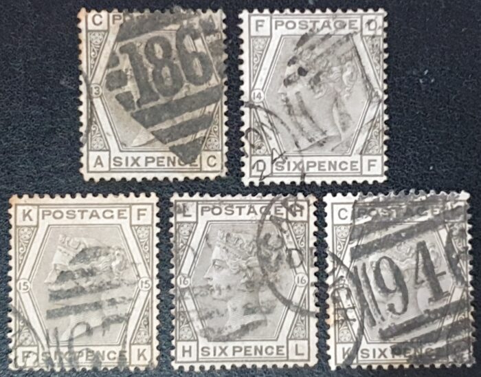 Great Britain Queen Victoria 6d grey SG147 Plates 13 to 17 used stamps CV £540