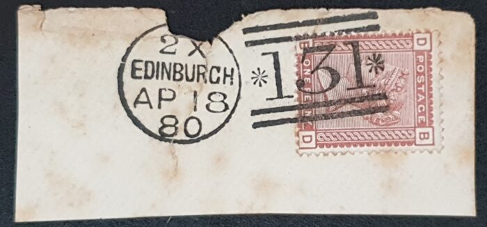 Great Britain Queen Victoria 1880 1d. Venetian red Letters BD CDS Edinburgh used on piece