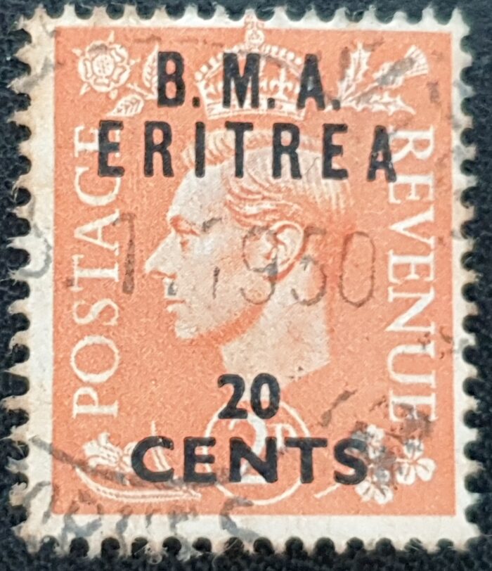 BMA Eritrea SG.E3 1948-49 KGVI 20c surcharge on 2d pale orange used