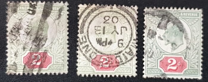 Great Britain King Edward VII SG225 2d yellowish green and carmine red used stamps
