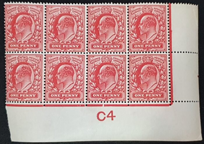 Great Britain King Edward VII 1902 SG219 1d scarlet Block of 8 Control C4 LMM