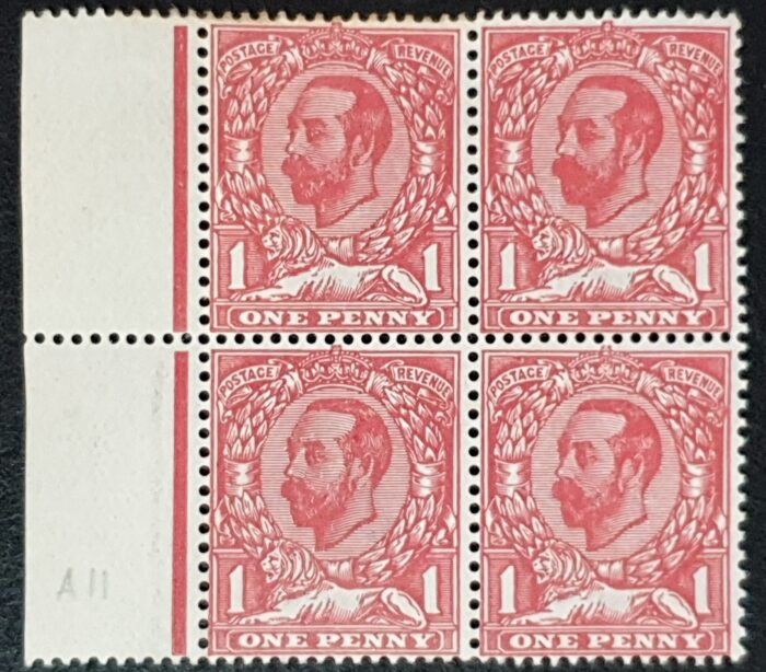 Great Britain King George V 1911 SG328 N7(6) 1d Rose Pink Downey Head Control Block of 4 M/M