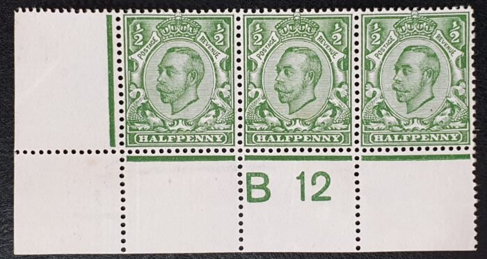 Great Britain King George V SG339 ½d Green B12(c) Control Strip of 3 Perf Type 2a M/M