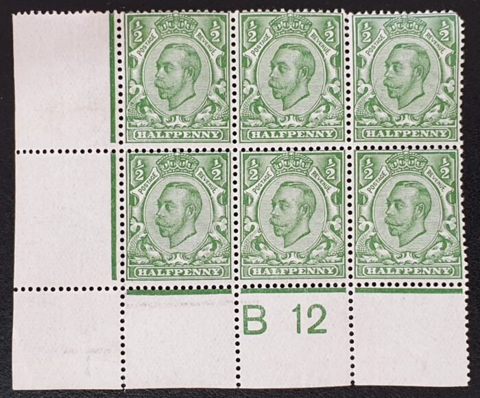 Great Britain King George V 1911 SG339 ½d green Die 2 Wmk Crown B12(c) Corner Block of 6 M/M