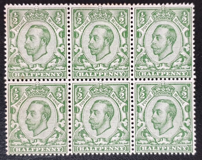 Great Britain King George V 1911 SG339 ½d green Die 2 Wmk Crown Block of 6 MNH