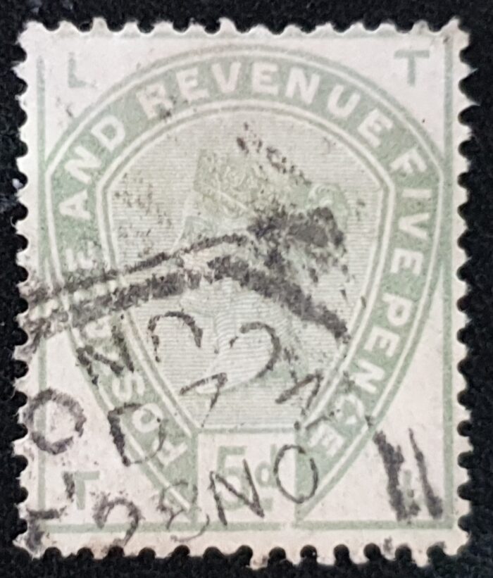 Great Britain Queen Victoria SG193 5d green Letters T-L used stamp