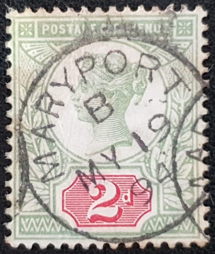 Great Britain Queen Victoria SG200 2d. Grey-green & carmine CDS MARYPORT FU