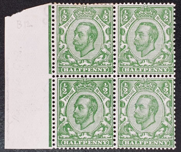 Great Britain King George V 1912 SG346 SPEC N6(1), ½d green WMK RC (MULT), Block of 4 M/M