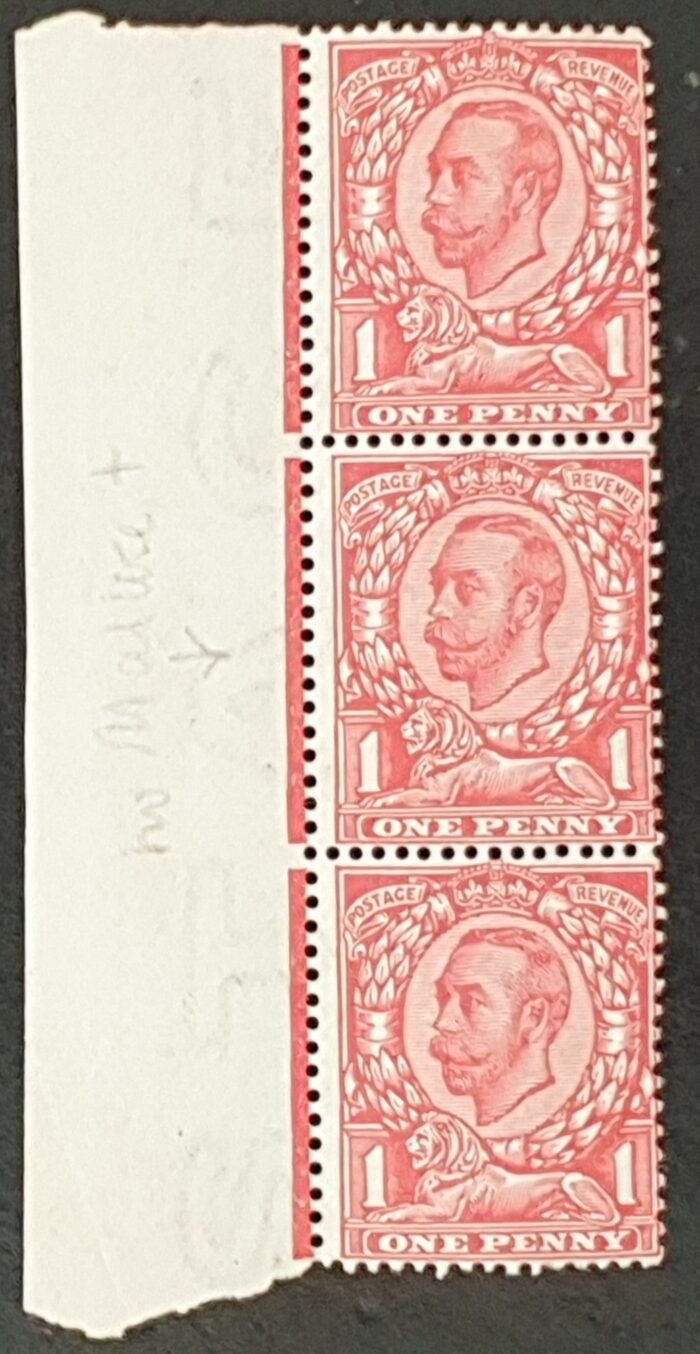 Great Britain King George V 1912 SG345 SPEC N12(1), 1d scarlet Strip of 3 Middle Stamp No Cross on Crown  LMM