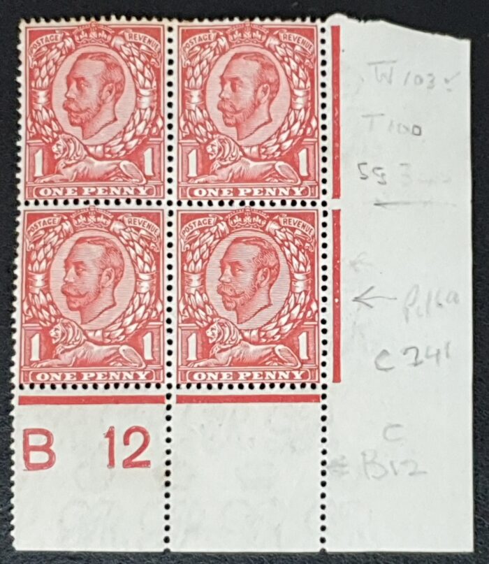 Great Britain King George V 1912 SG349 1d bright scarlet Control B12 Block of 4 M/M