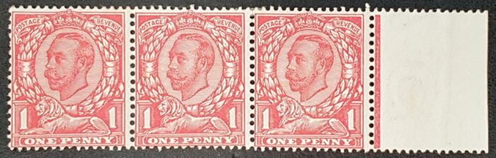 Great Britain King George V 1912 SG350 SPEC N13(1), 1d scarlet WMK RC (MULT), Strip of 3 M/M