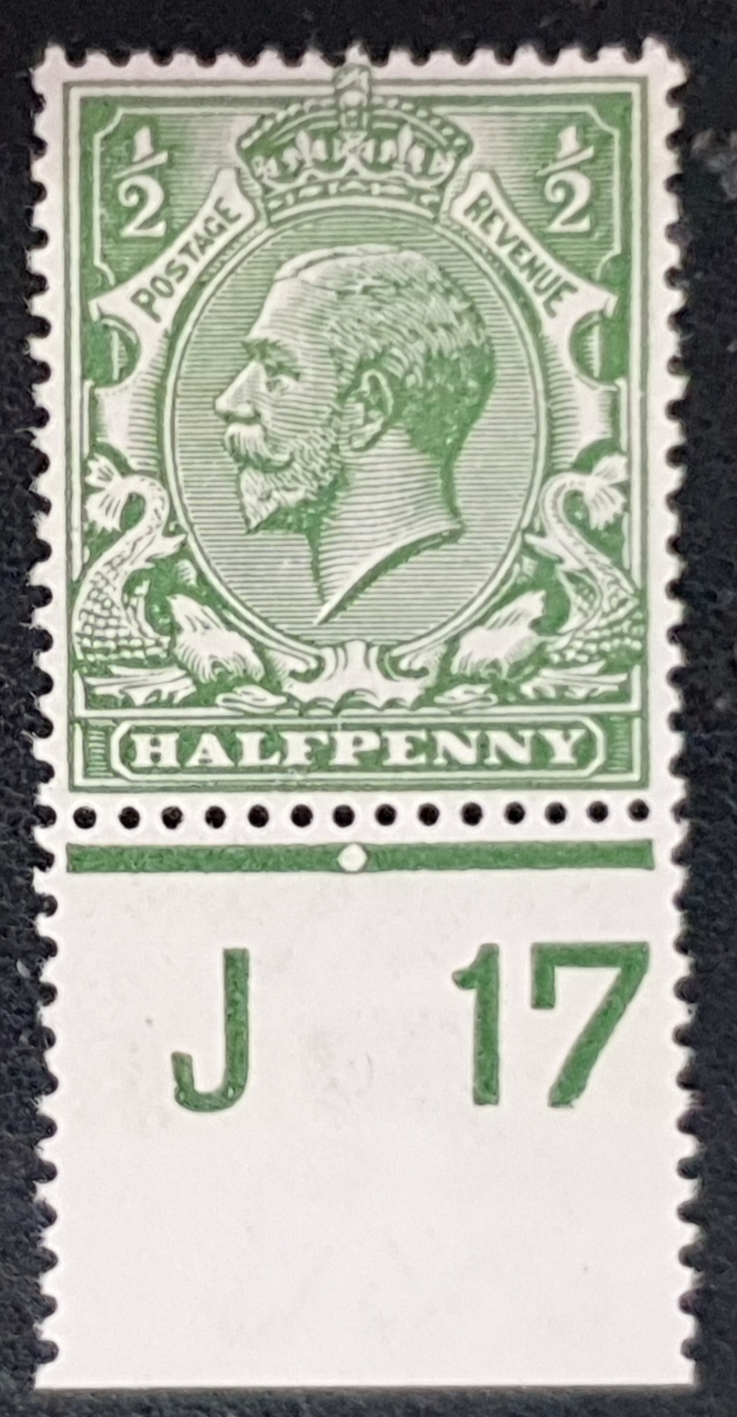 Great Britain King George V 1912-24 SG351 ½d green SIMPLE CYPHER Control J17(P) MNH