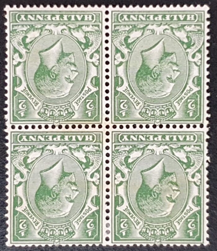 Great Britain King George V SG351wi SPEC N14(1), ½d green Wmk. Inverted Block of 4 M/M