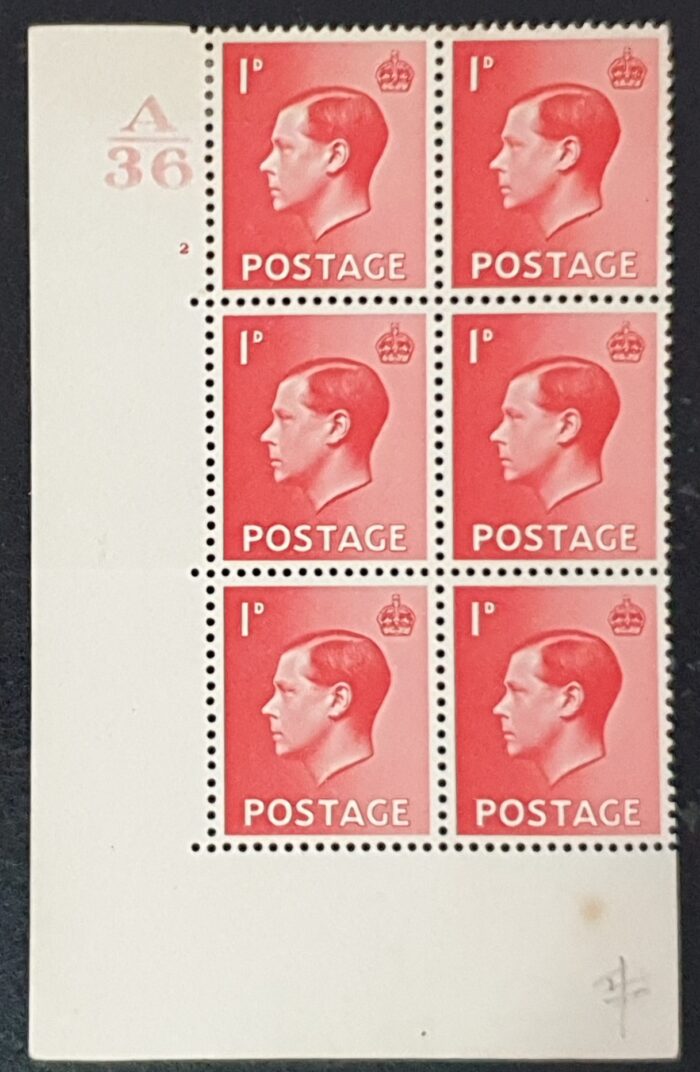 Great Britain King Edward VIII 1936 SG458 1d Blk. x6 Control A36 Cyl. 2 N/Dot Mounted Mint