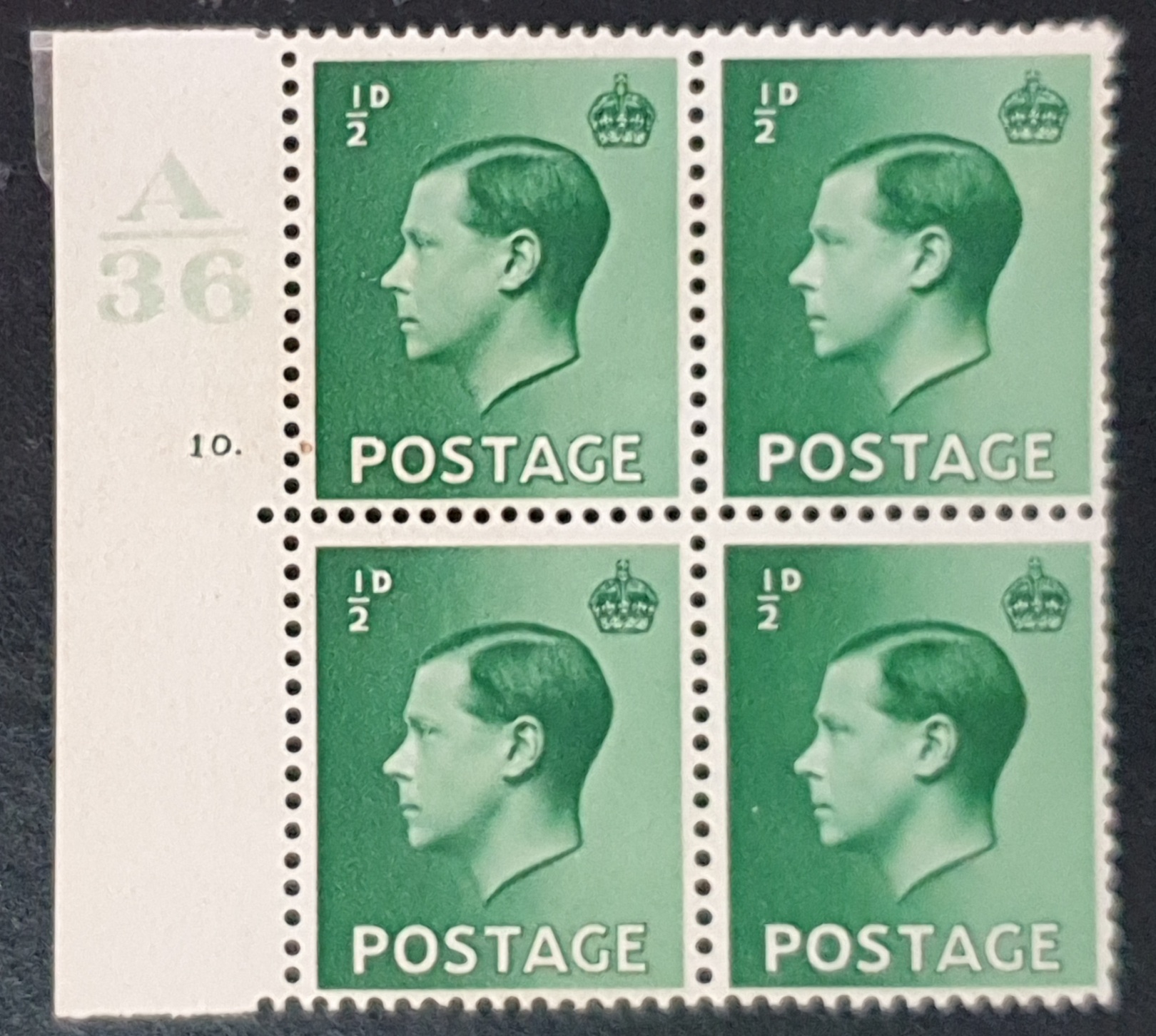 Great Britain King Edward VIII 1936 SG457 ½d. green Block of 4 Control A36 Cyl.10 Dot LMM