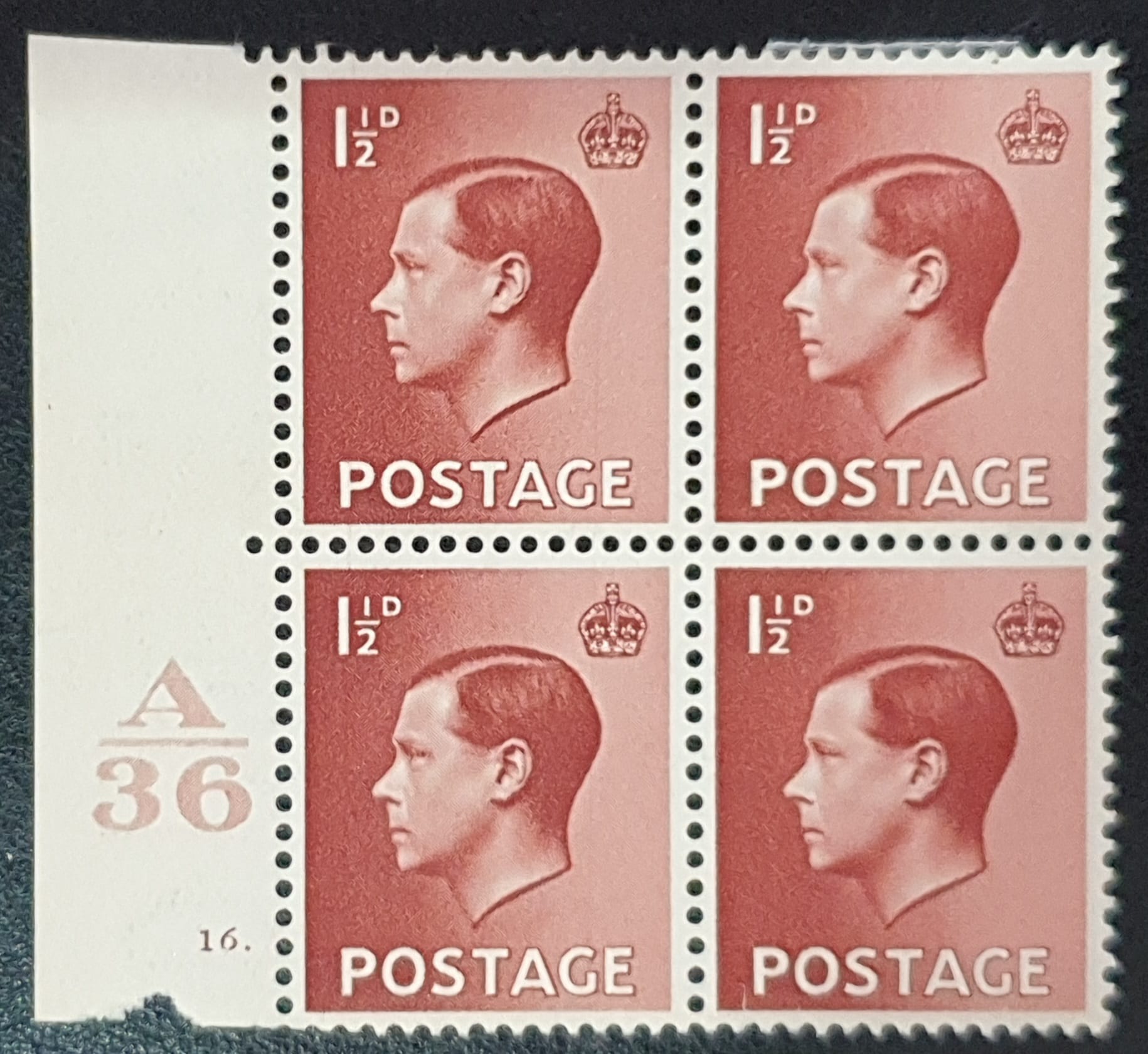 Great Britain King Edward VIII 1936 SG459 1½d. red brown Block of 4 Control A36 Cyl.16 Dot LMM