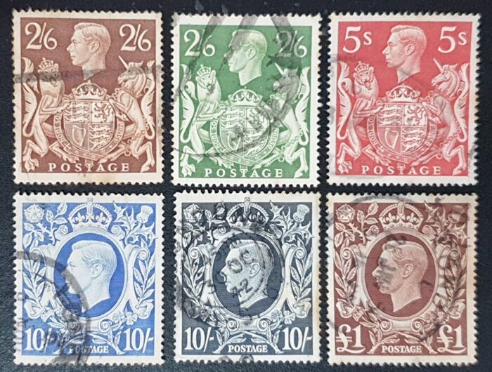 Great Britain King George VI 1938-48 SG476/8b, 2/6d-£1 Arms Set of 6 Used Stamps