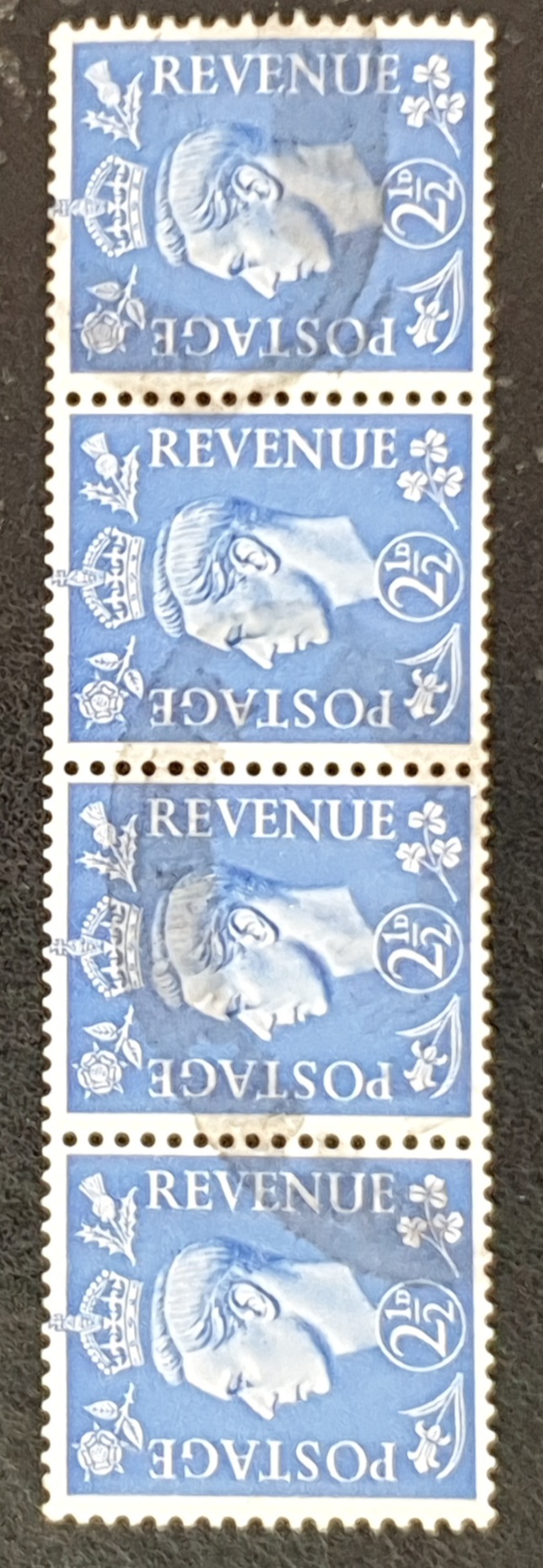 Great Britain King George VI SG489a 2½ d. light ultramarine Wmk. Sideways Strip of 4 used