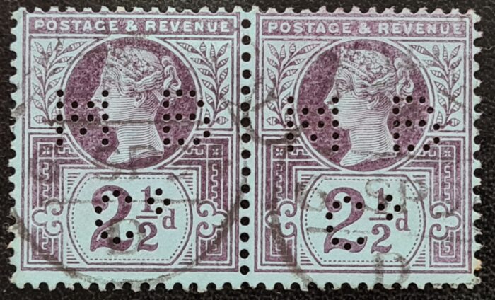 Great Britain Queen Victoria SG201 1887 2½d. purple/blue Pair Perfin MBC* used - Image 2