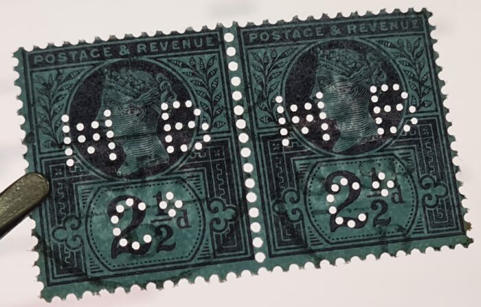 Great Britain Queen Victoria SG201 1887 2½d. purple/blue Pair Perfin MBC* used