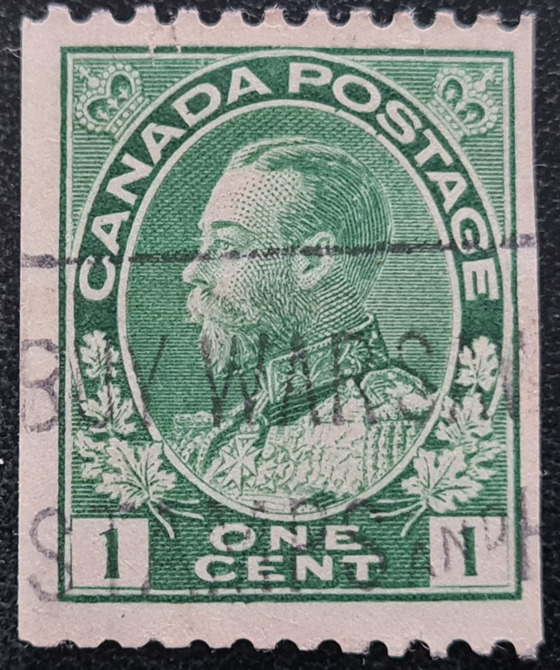 Canada 1912-21 (a) P12ximperf SG216 1c. yellow-green (1914) used